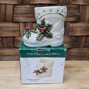 Festive Porcelain Boot with Holly Accents